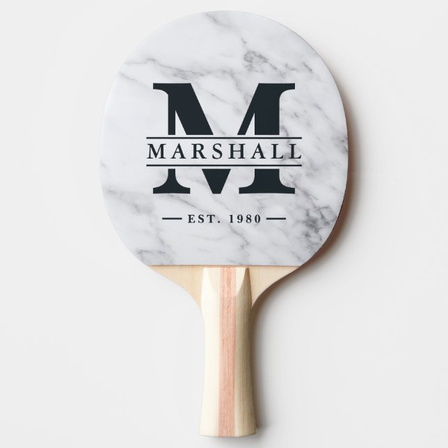 Modern ren vit marmorerad monogram och namnöverläg pingisracket (Framsidan)