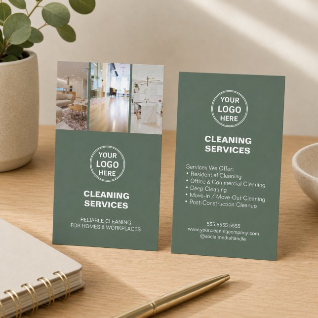 Modern rengöringstjänster Foto Logo Sagegrön Visitkort (Modern Cleaning Services Photo Logo Sage Green Business Card)