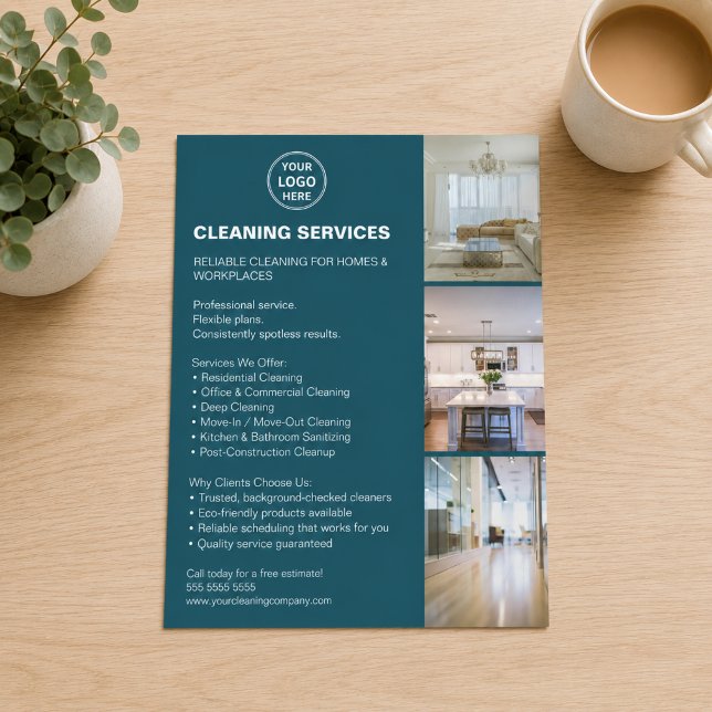 Modern rengöringstjänster Foto Logotyp Teal Flygblad (Modern Cleaning Services Photo Logo Teal Flyer)