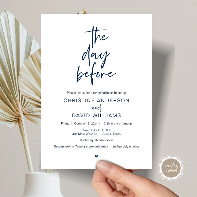 Modern repetition av lunch dagen före inbjudningar (The day before, Wedding Rehearsal Lunch Invitation Card, Modern Minimalist Script, Classy Navy Blue)