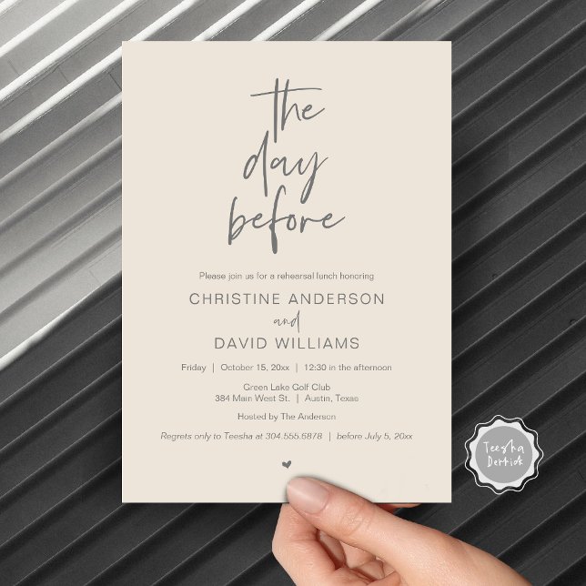 Modern repetition lunch, dagen före inbjudningar (The day before, Wedding Rehearsal Lunch Invitation Card, Modern Minimalist Script, Grey Cream)