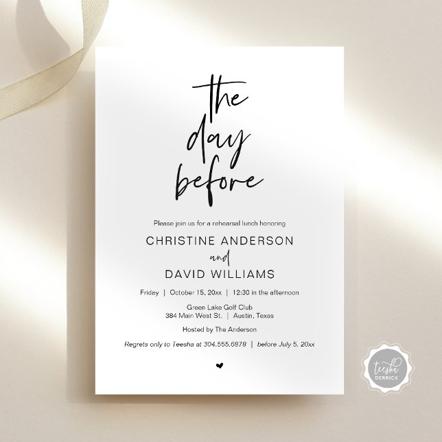 Modern repetition lunch, dagen före inbjudningar (The day before, Wedding Rehearsal Lunch Invitation Card, Modern Minimalist Script, Black and White)