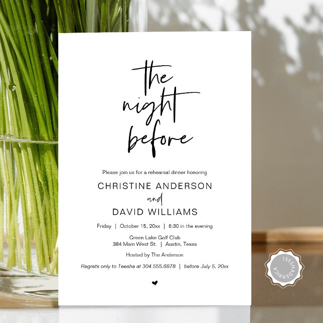 Modern repetitionsmiddag, natten före invigning inbjudningar (The Night Before, Modern Wedding Rehearsal Dinner, Celebration Invitation Card, in Black and White)
