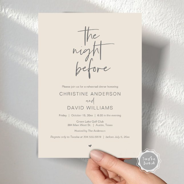 Modern repetitionsmiddag, natten före invigning inbjudningar (The Night Before, Modern Wedding Rehearsal Dinner, Celebration Invitation Card, in Grey Cream)
