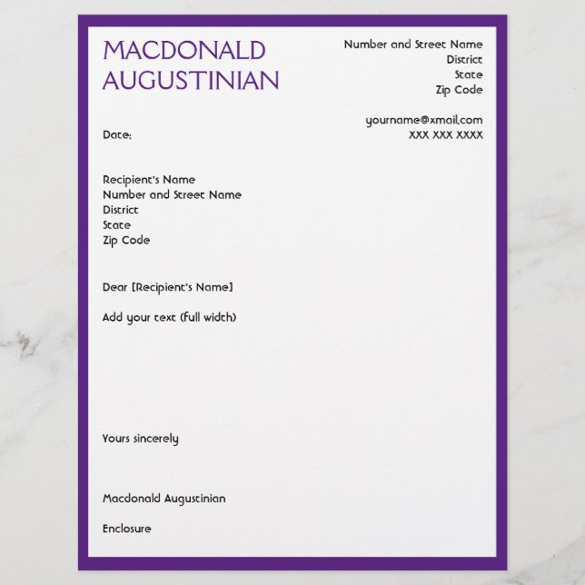 Modern RESUME COVER BREV Anpassade LILA Brevhuvud (Framsida)