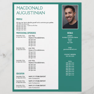 Modern RESUME-MALL Anpassade Foto-TEAL Brevhuvud