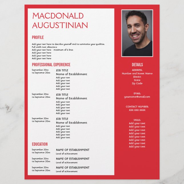 Modern RESUME-MALLAT Anpassade Photo RED Brevhuvud (Framsida)