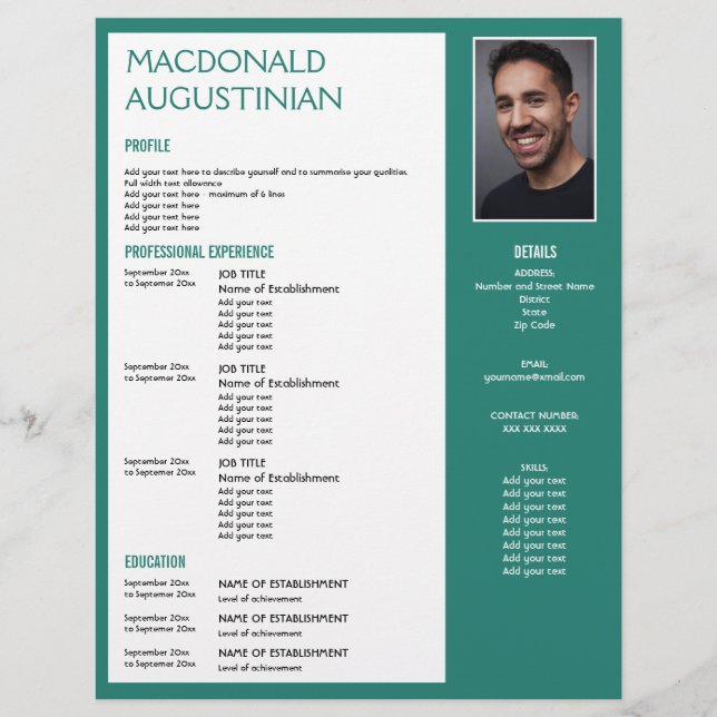 Modern RESUME-MALLT Anpassade - foto-TEAL Brevhuvud (Framsida)