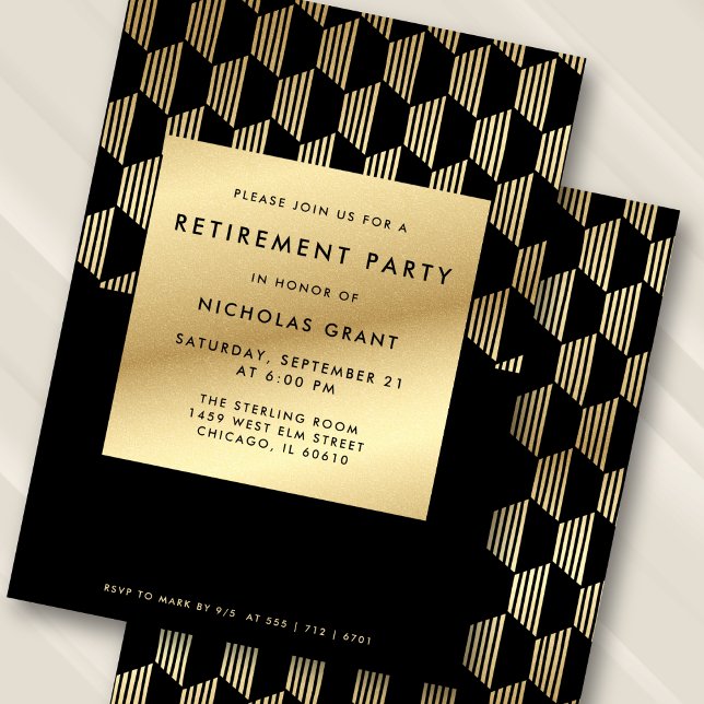Modern Retirement Party Black and Gold Faux Foil Inbjudningar (Personalize names, date, and RSVP details.)