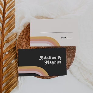 Modern Retro 70:s regnbåge   Mörk Flat Bröllop Placeringskort