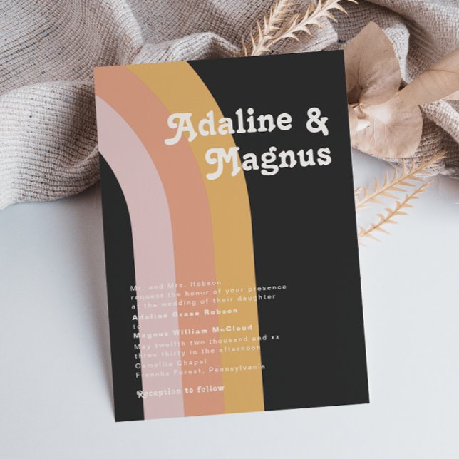 Modern Retro 70:s Regnbåge Mörk Traditional Bröllo Inbjudningar (Skapare uppladdad)