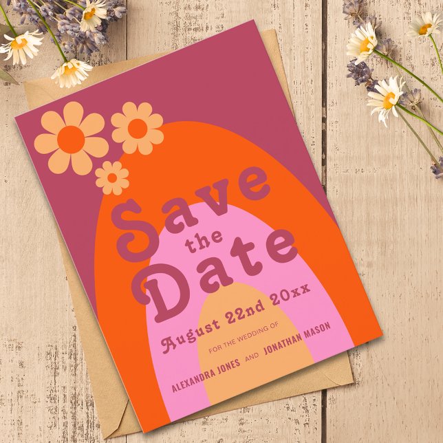 Modern Retro 70-tal Bröllop Inbjudan Vykort (Retro daisy arch wedding save the date custom budget postcard )