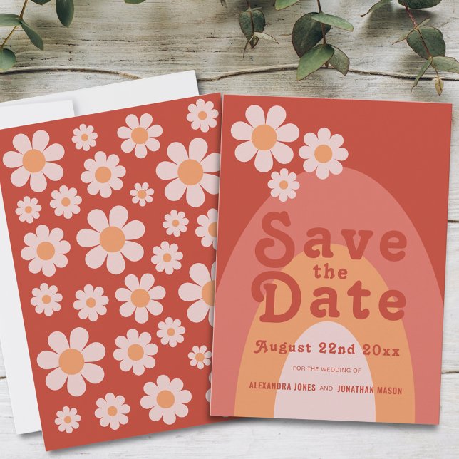 Modern Retro 70-tal Bröllop Spara Datumet (Retro 70s vintage daisy arch orange wedding save the date invitation with groovy typography )