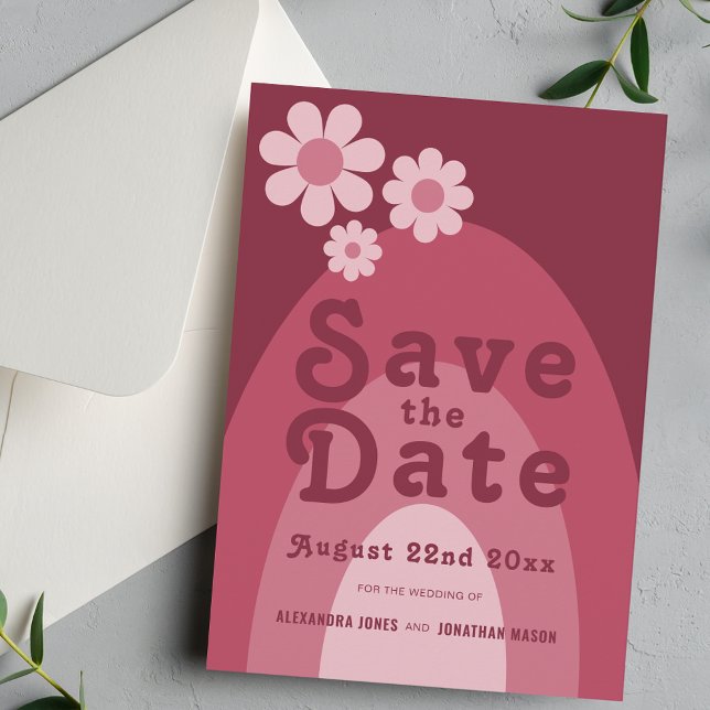 Modern Retro 70-tals Burgunder Rosa Bröllop Spara Datumet (Retro daisy arch burgundy blush pink wedding save the date invitation)