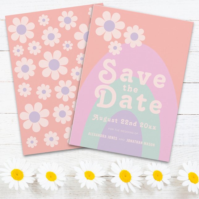 Modern Retro 70-tals Pastell Bröllop Spara Datumet (Retro daisy arch groovy wedding save the date invitation )