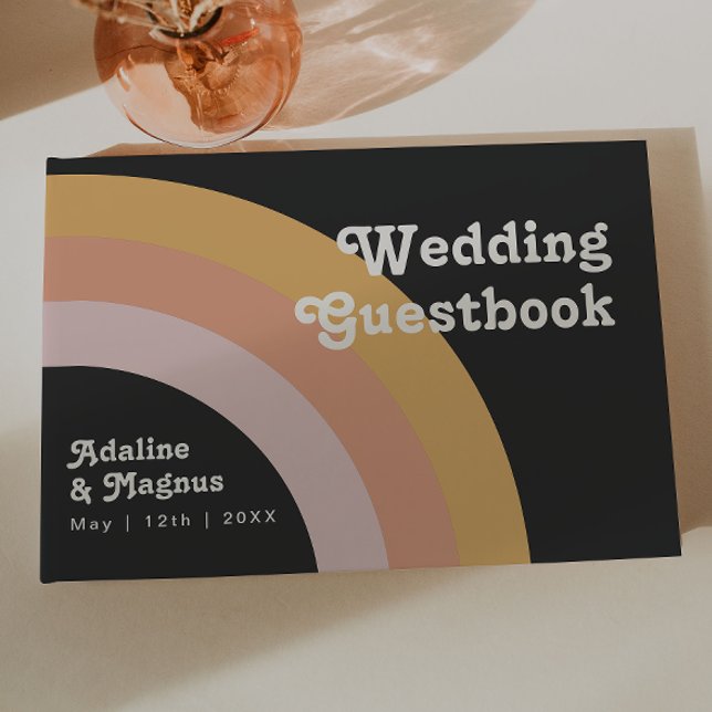 Modern Retro 70's Rainbow Mörk Bröllop Guestbook Gästböcker (Skapare uppladdad)
