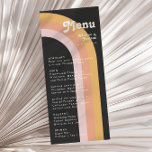 Modern Retro 70's Rainbow Mörk Bröllop Middag Menu Meny<br><div class="desc">Dagens 70 regnbågsmatsmeny för mörk bröllop är perfekt för din enkla orange för vintage, ro guld och rosa bröllopsmottagning. Designad med inslag av ett klassiskt, färglöst bho arch och groovy minimalistiskt rand. Utformningen har en unik tropisk strand i abstrakt, underbar för vår, sommar eller fall bröllop. Produkten är anpassade, eftersom...</div>
