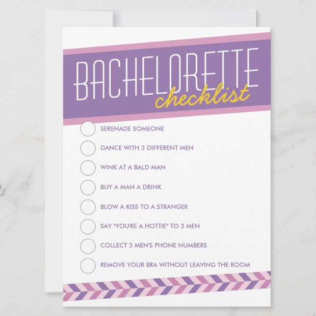 Modern Retro Bachelorette Checklist Card (lila) Inbjudningar (Framsida)