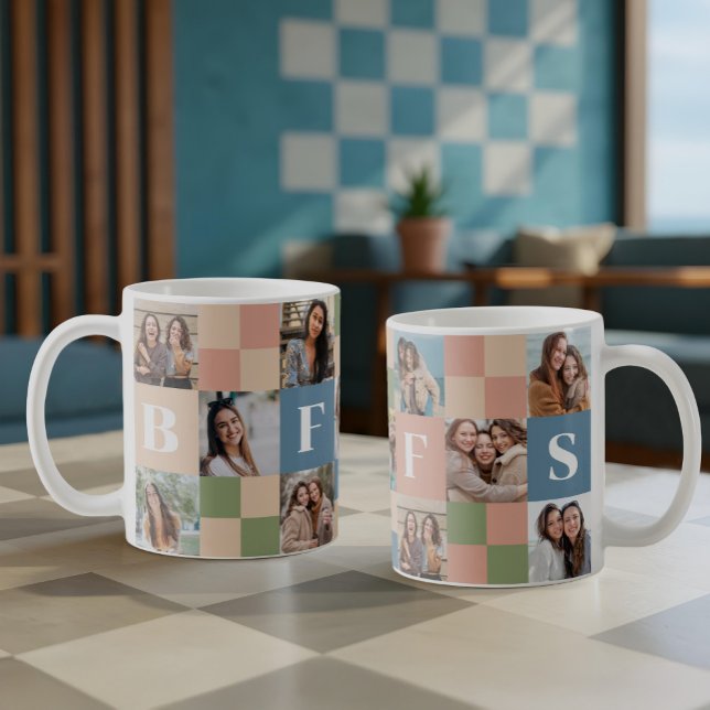 Modern Retro BFFS Checkerboard Mönster Photo Grid Kaffemugg (Modern Retro BFFS Checkerboard Pattern Photo Grid Coffee Mug)