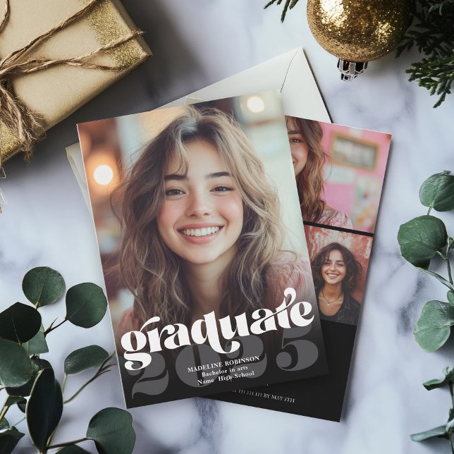 Modern Retro Black White 4 Photo Studenten Inbjudningar (Modern Retro Black White 4 Photo Graduation Invitation)