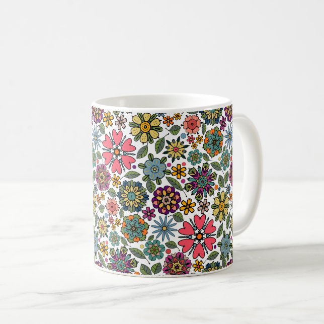 Modern Retro Blommigt Teckning Sömlös Mönster Art Kaffemugg (Framsida höger)
