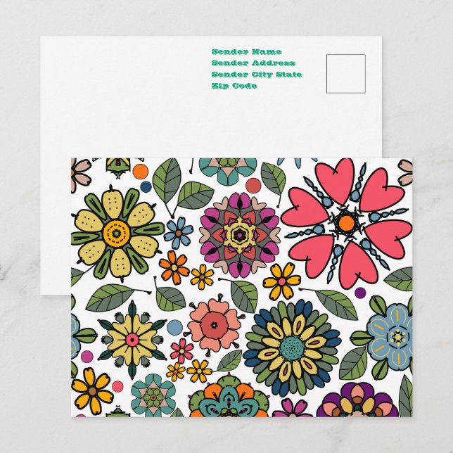 Modern Retro Blommönster Sömlös Mönsterkonst Vykort (Fram/baksida)