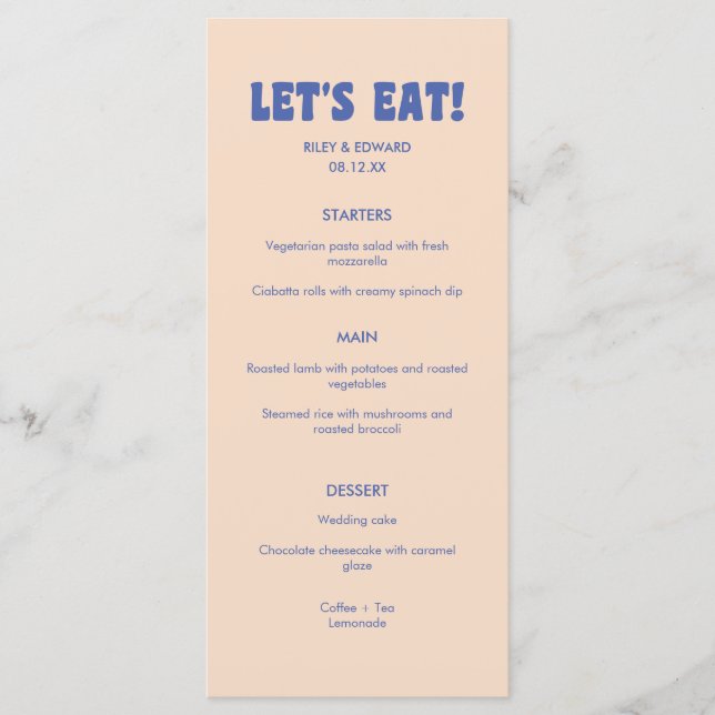 Modern Retro Blue & Beige 'Let's Eat!' Wedding Meny (Framsida)