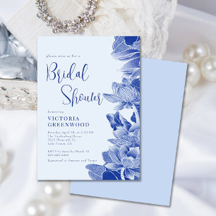 Modern Retro Blue Chinoiserie Blommigt Möhippa Inbjudningar