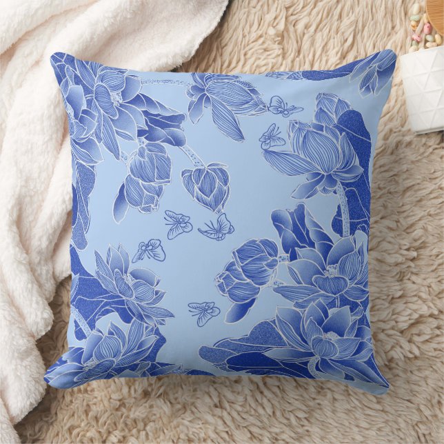 Modern Retro Blue Chinoiserie Chic Lotus Mandala Kudde (Filt)