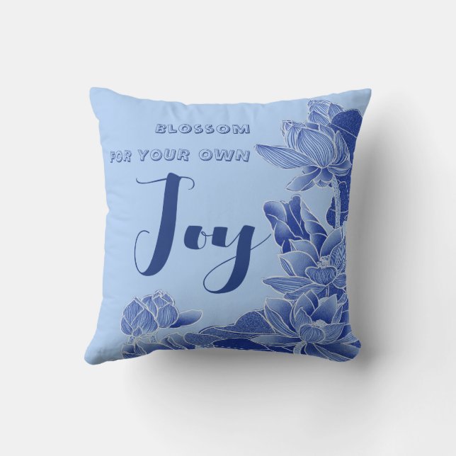 Modern Retro Blue Chinoiserie Lotus Zen Quote Kudde (Baksida)