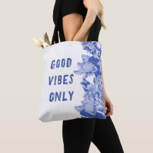 Modern Retro Blue Lotus Mandala Good Vibes Tote