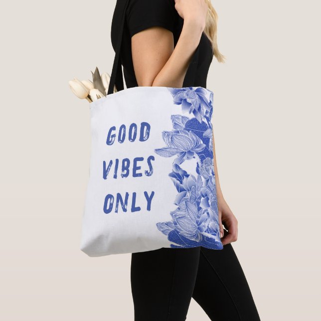 Modern Retro Blue Lotus Mandala Good Vibes Tote Tygkasse (Närbild)