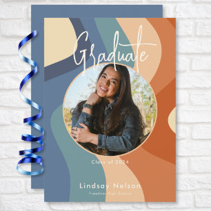 Modern Retro Blue Rust Cream Wave Photo Studenten Inbjudningar