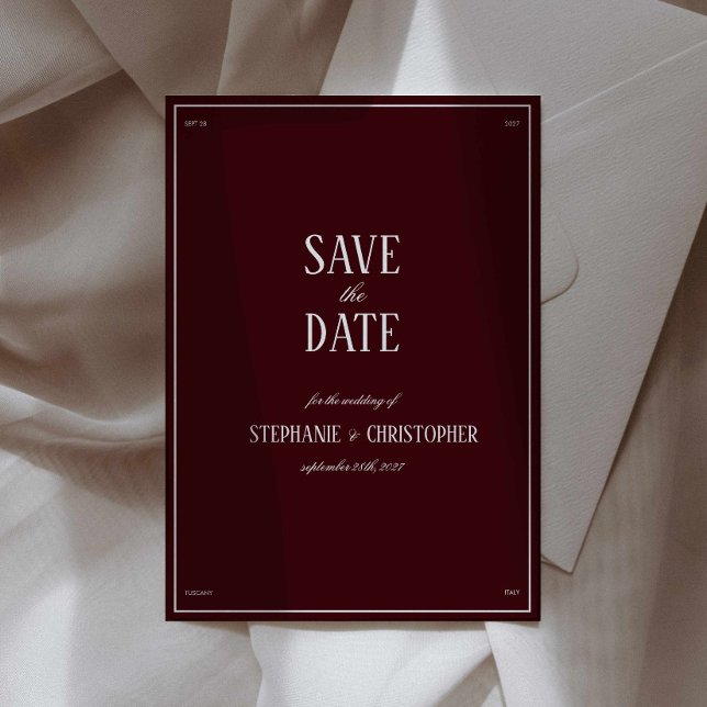Modern Retro Burgundy Wedding Save the date Inbjudningar (burgundy formal save the date wedding invitation, deep red cherry classy wedding annoucement card)
