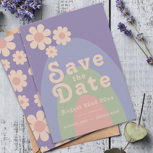 Modern Retro Daisy Bröllop Spara Datumet (Modern retro daisy arch pastel wedding save the date invitation)