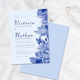 Modern Retro Dusty Blue Chinoiserie Blommigt Bröll Inbjudningar