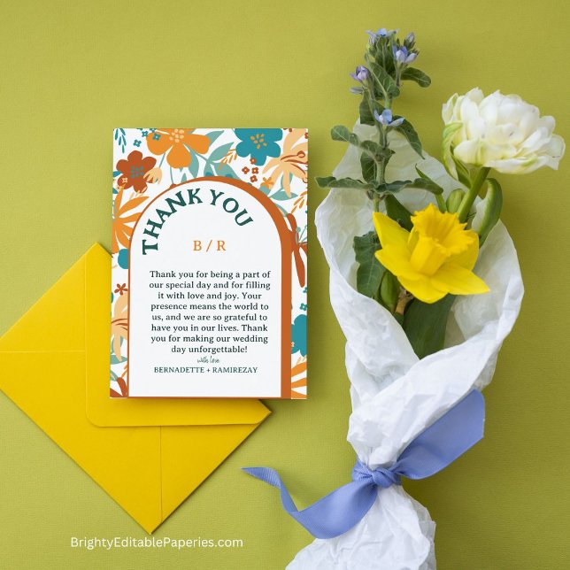 Modern Retro-Elegant Bright Bold Blommigt Bröllop Tack Kort (Express your gratitude with vibrant retro blooms! 🌼📜 #ChicThankYou)
