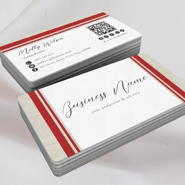 Modern Retro Faux Linen QR Code Social Media Visitkort (Skapare uppladdad)