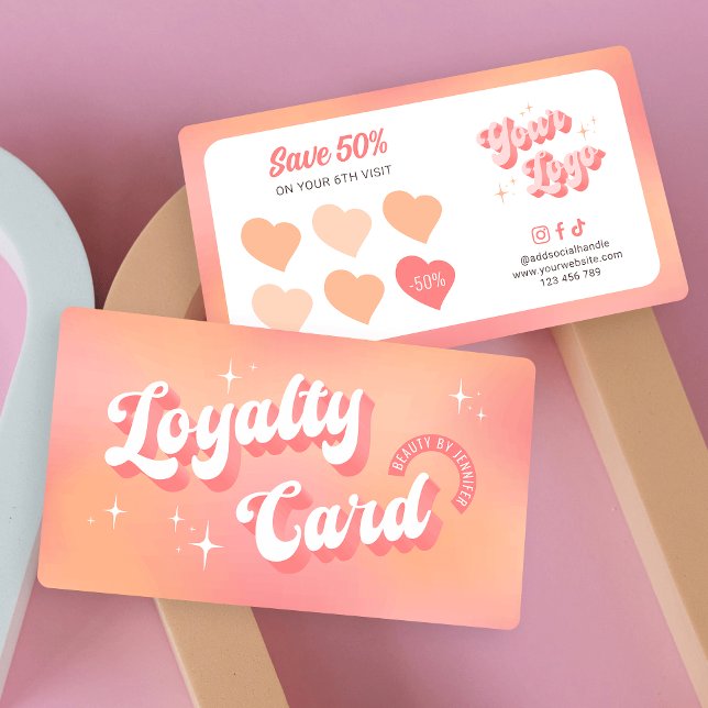 Modern retro Feminine Rosa Peach Beauty Salon Lojalitetskort (Retro groovy business loyalty cards in pastel peach and pink hues, perfect for your feminine brand)
