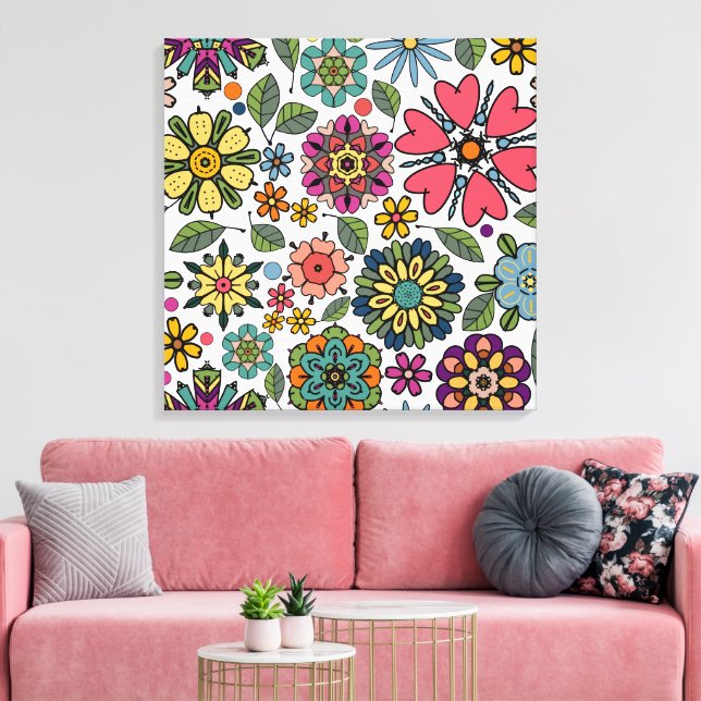 Modern Retro Floral Drawing Seamless Pattern Art Canvastryck (Insitu (Vardagsrum))