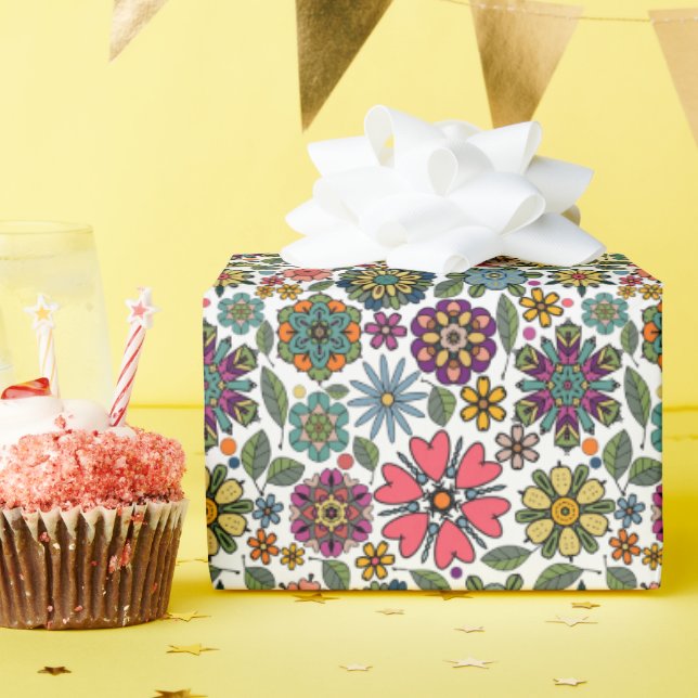 Modern Retro Floral Drawing Seamless Pattern Art Presentpapper (Födelsedagsfest)