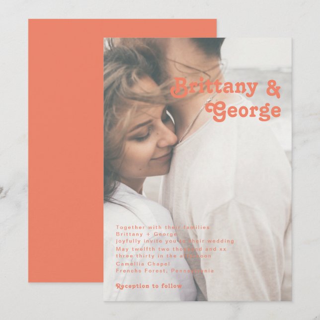 Modern Retro | Foto Bröllop med korallfärgad matni Inbjudningar (Fram/baksida)