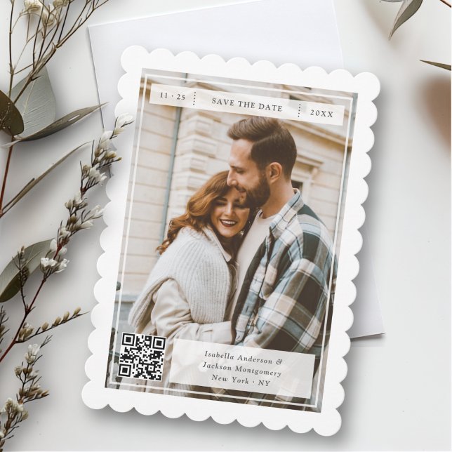 Modern Retro Frimärke QR-kod Bröllop Spara Datumet (Skapare uppladdad)