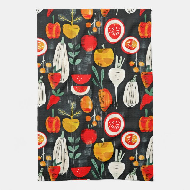 Modern Retro Fruit och Veg på Black Mönster Kökshandduk (Vertikal)