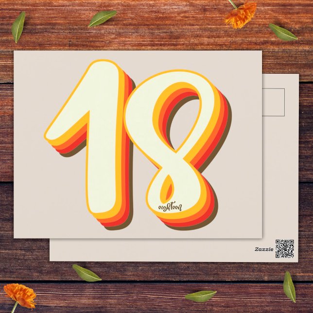 Modern Retro Groovy Grå Arton 18-årsdag Vykort (Front and Back)