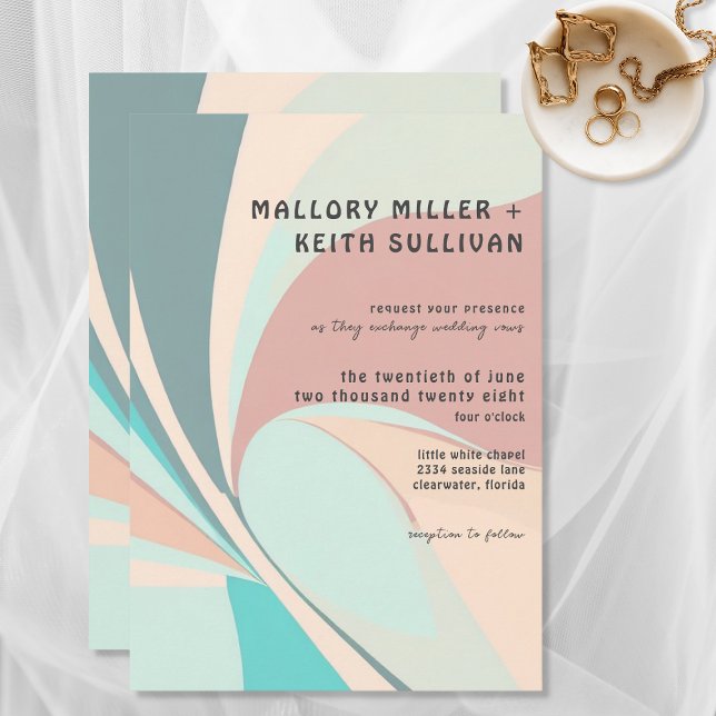 Modern Retro Groovy Peach Teal & Aqua Bröllop Inbjudningar (Skapare uppladdad)