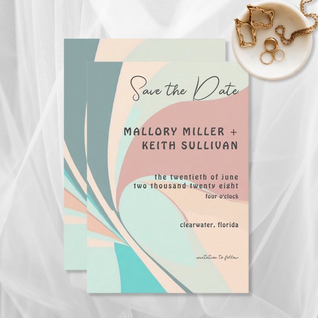Modern Retro Groovy Peach Teal & Aqua Bröllop Spara Datumet (Skapare uppladdad)