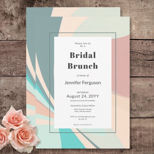 Modern Retro Groovy Persika Teal Aqua Bröllop Brun Inbjudningar (Modern Retro Groovy Peach Teal Aqua Bridal Brunch Invitation)