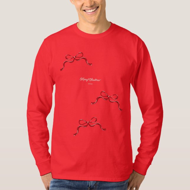 Modern Retro Helgdag Tiny RED Bows jul jul T Shirt (Framsida)