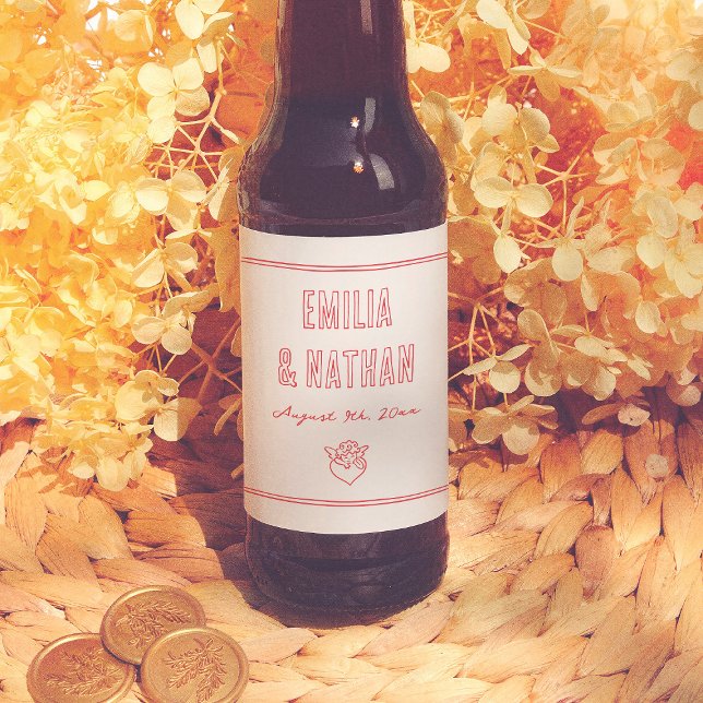 Modern Retro Kärlek På Flug Handritad Cupid Bröllo Ölflaska Etikett (Skapare uppladdad)